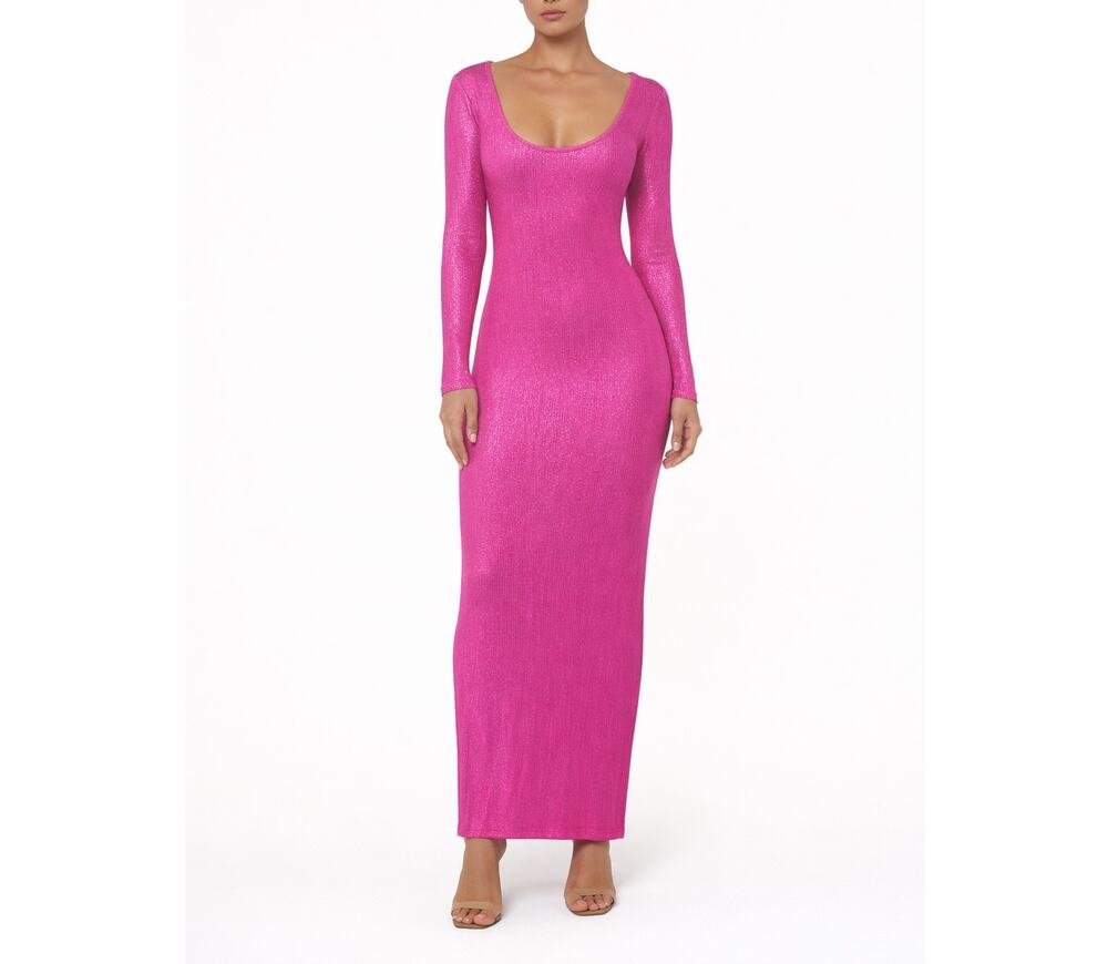 SKIMS Soft Lounge Fuchsia Foil Ribbed Maxi Dress Long Sleeve Size L